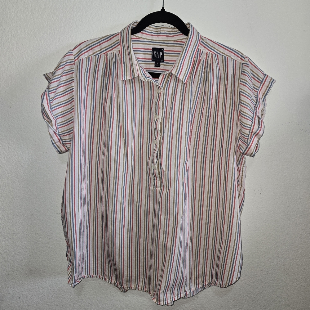 GAP Striped Half Button Up Top with Collar Multicolor Size Large